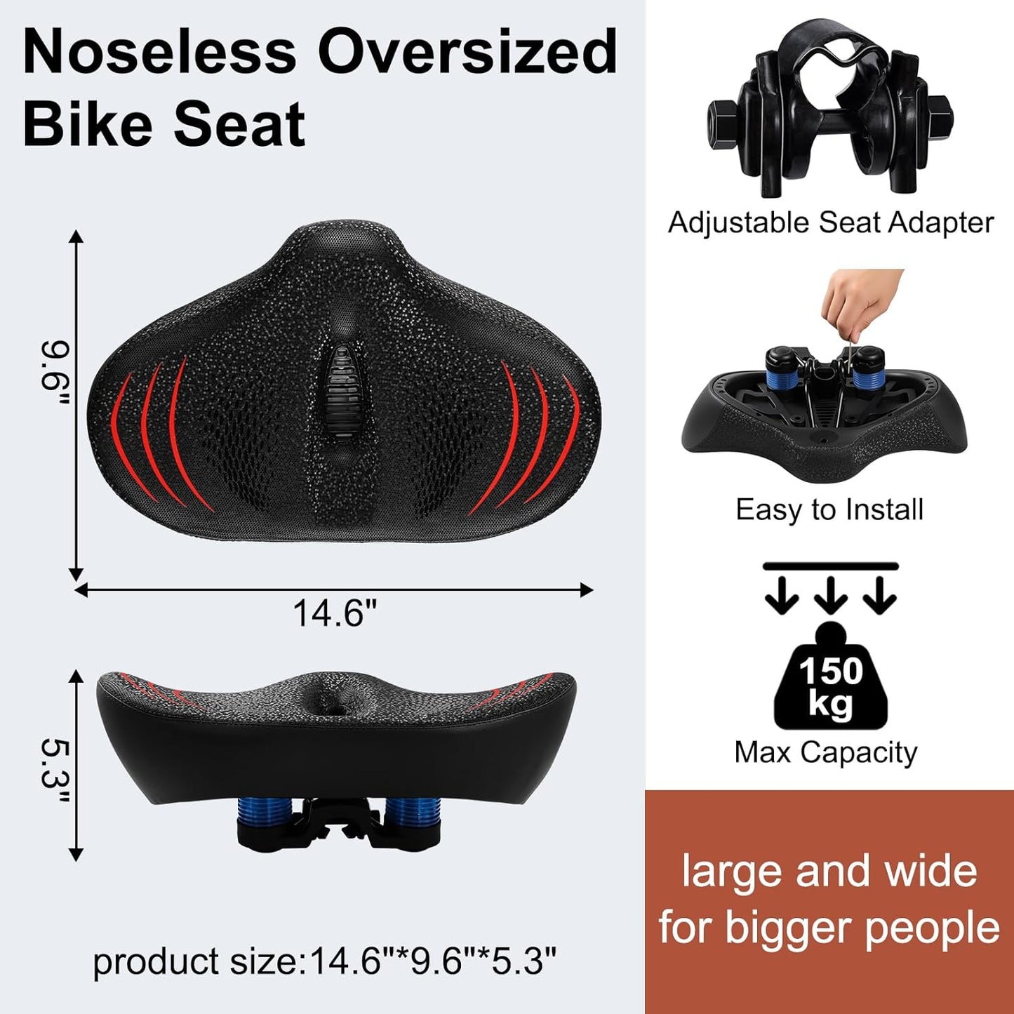 Skiennix Oversize Bike Seat - Extra Wide Noseless Cushion for Ultimate Comfort | Waterproof Memory Foam for Peloton & E-Bikes