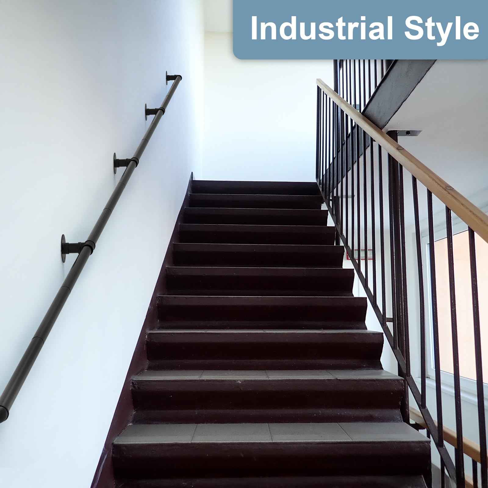 mapleway Pipe Stair Handrail, 14ft Railing for Indoor Steps Metal Staircase Hand Rail Industrial Iron Handle for Wall Mount Support, Black