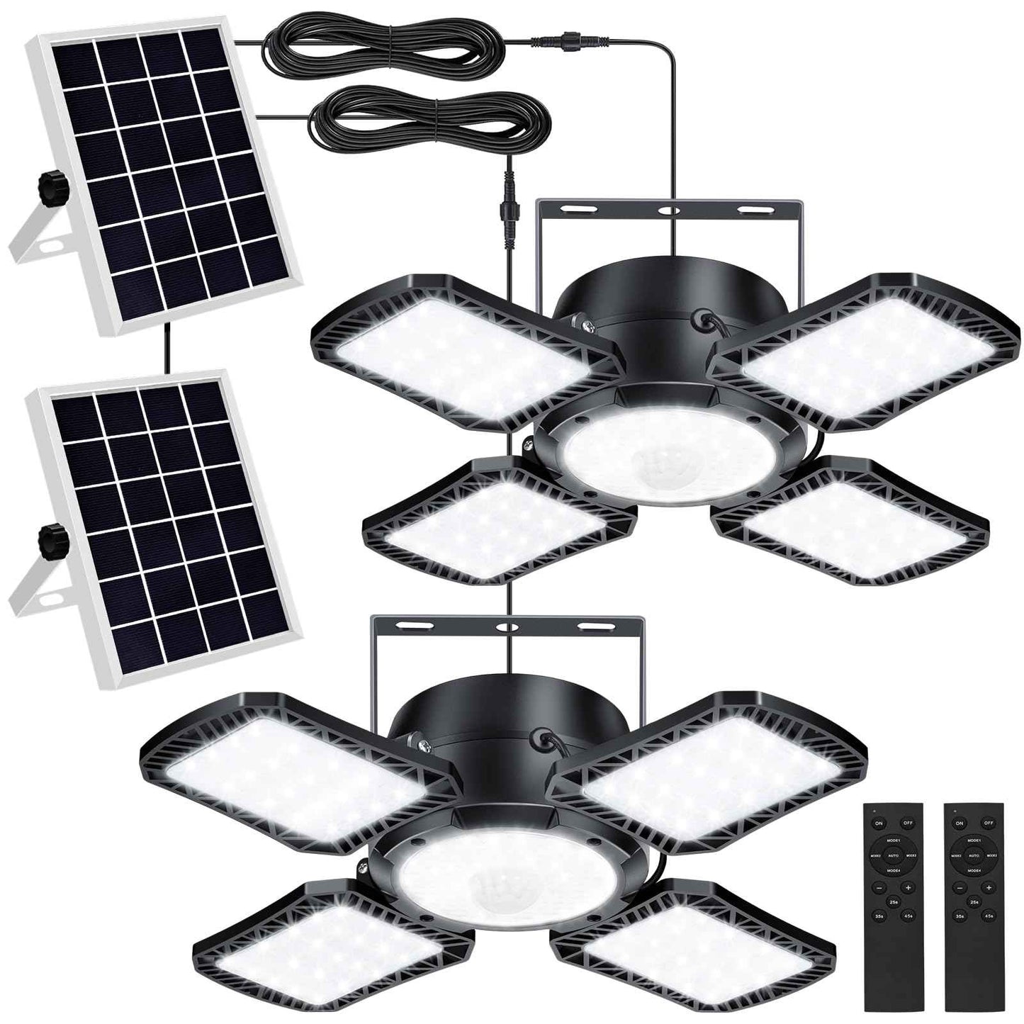 Aqonsie Solar Shed Light Outdoor Indoor, 176LED Solar Powered Motion Sensor Pendant Light Daytime Available, Solar Indoor Lights with 5 Lighting Modes & Remote for Shed Gazebo Barn Garage, 2 Pack