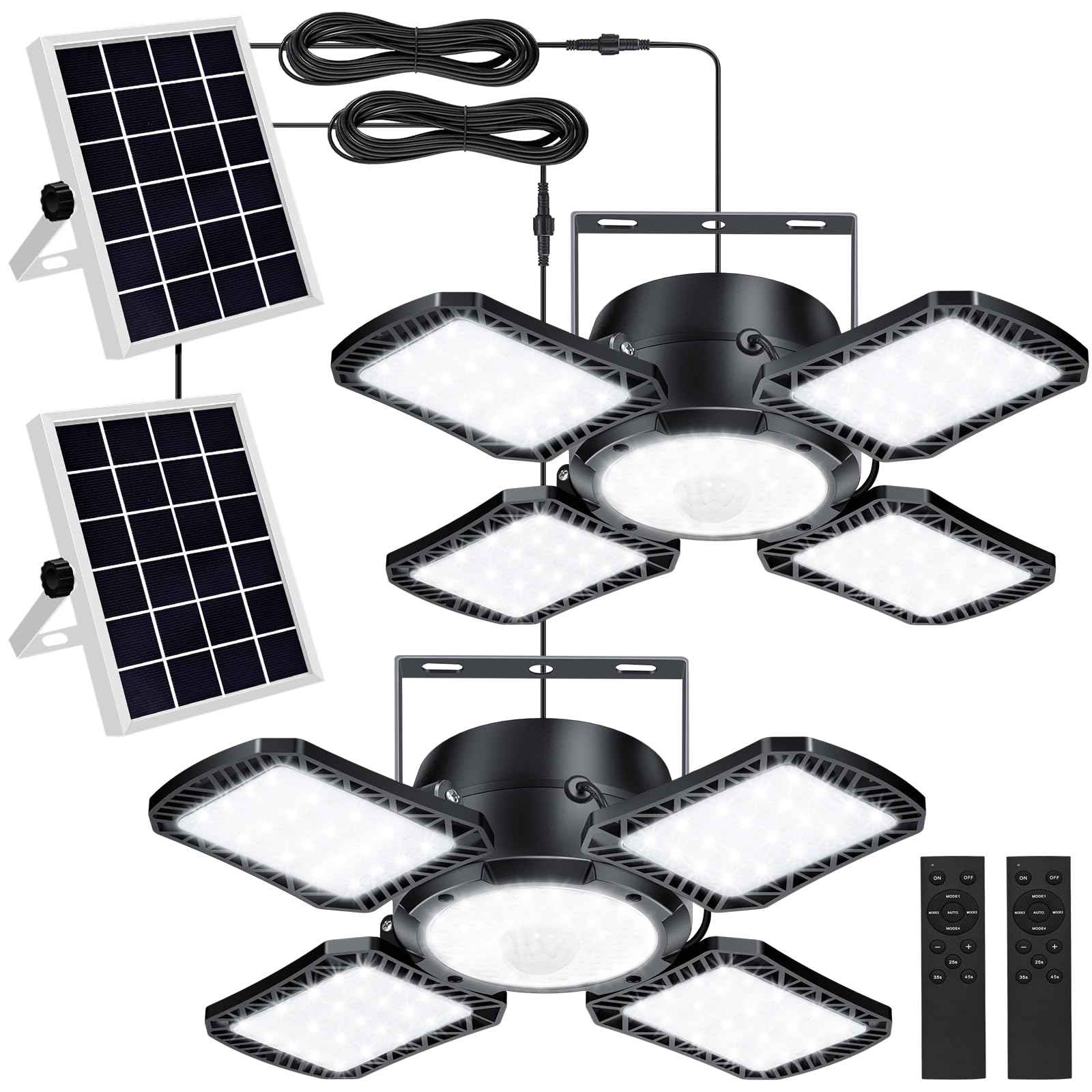 Aqonsie Solar Shed Light Outdoor Indoor, 176LED Solar Powered Motion Sensor Pendant Light Daytime Available, Solar Indoor Lights with 5 Lighting Modes & Remote for Shed Gazebo Barn Garage, 2 Pack