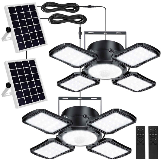 Aqonsie Solar Shed Light Outdoor Indoor, 176LED Solar Powered Motion Sensor Pendant Light Daytime Available, Solar Indoor Lights with 5 Lighting Modes & Remote for Shed Gazebo Barn Garage, 2 Pack