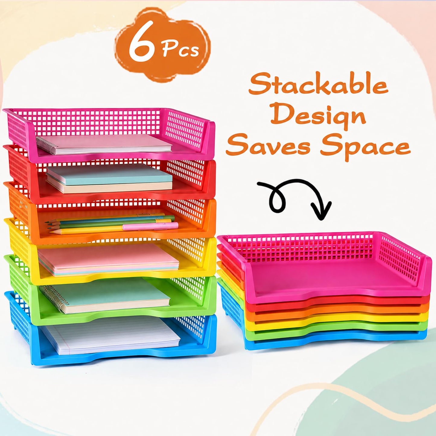 ZZYFGH 6 Pack Turn in Trays Classroom, Colorful Turn in Trays for Teachers, Plastic Classroom Paper Organizers, Stackable Tray for Classroom, Library, Drawers, Office Desk(13.4 * 9.5 * 2.7in)