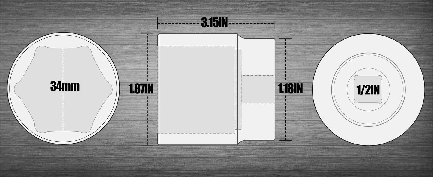 SUNHZMCKP 1/2 Inch Drive Impact Socket - Metric 34 mm Deep 6 Point CR-MO Axle Nut Impact Grade for Easy Removal