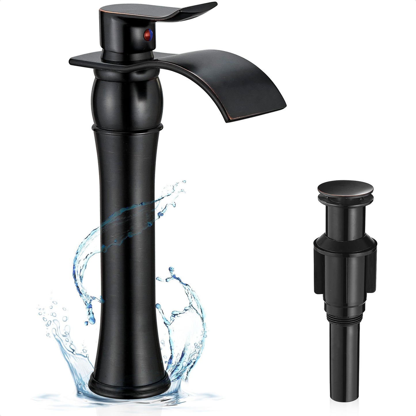 HOIGY Vessel Sink Faucet Oil Rubbed Bronze, Brass Tall Bathroom Faucet Waterfall 1 Hole, Bathroom Faucets Single Handle Bathroom Sink Faucet Bronze with Pop-Up Drain & Water Hoses for Farmhouse