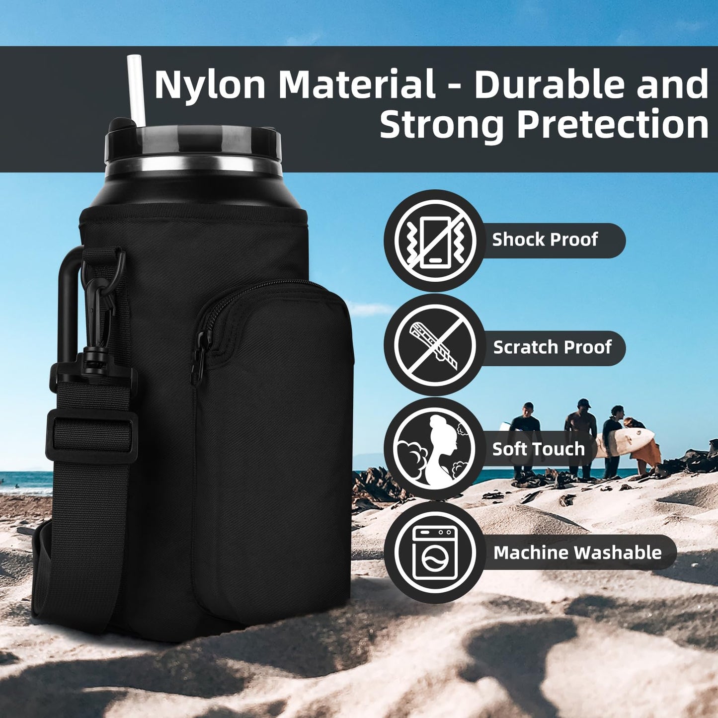 Xxerciz Water Bottle Carrier Bag for Stanley 64oz Tumbler with Handle, Water Bottle Holder with Adjustable Strap, Bottle Sling Sleeve with Phone Pouch, Stanley Cup Accessories for Walking Hiking