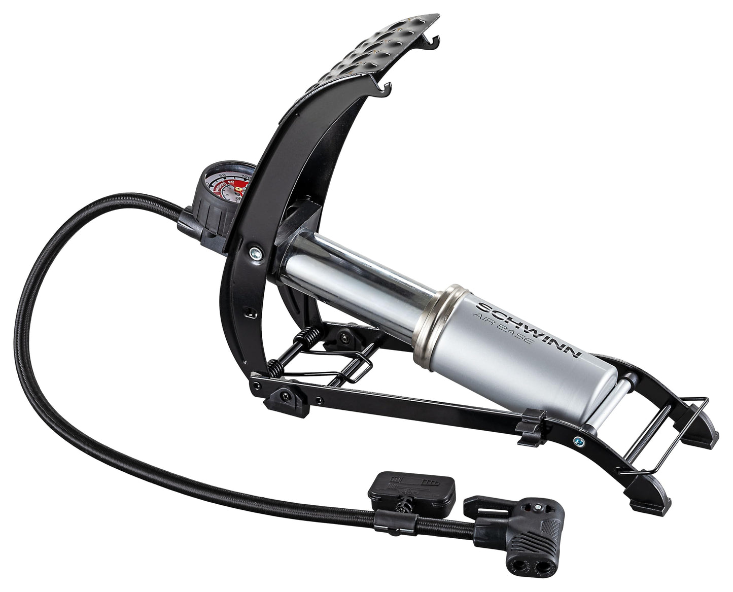 Schwinn Air Base Foot Pump, Air-Zoned Pressure Gauge, High Pressure Foot Pump, Dual Head Nozzle Fits Both Schrader and Presta, Up to 120 PSI, Grey