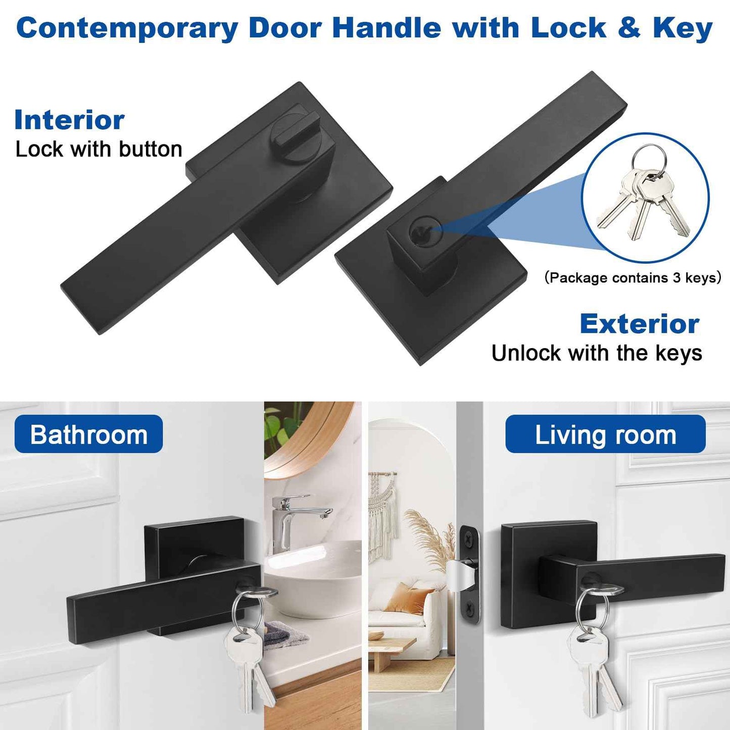 Estmoon Entry Door Handle, Black Door Knob with Lock and Key, Entrance Front Door Lock Heavy Duty Keyed Exterior Door Knob for Bedroom, Bathroom, Front Door, Office, 1 Pack