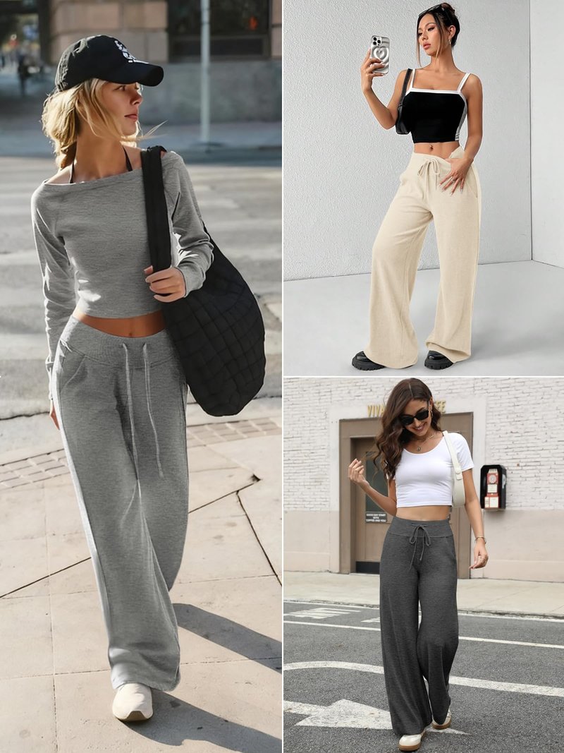 ATHMILE Wide Leg Sweatpants Women High Waisted Baggy Lounge Pants Drawstring Athletic Joggers Teen Girl Clothes Black