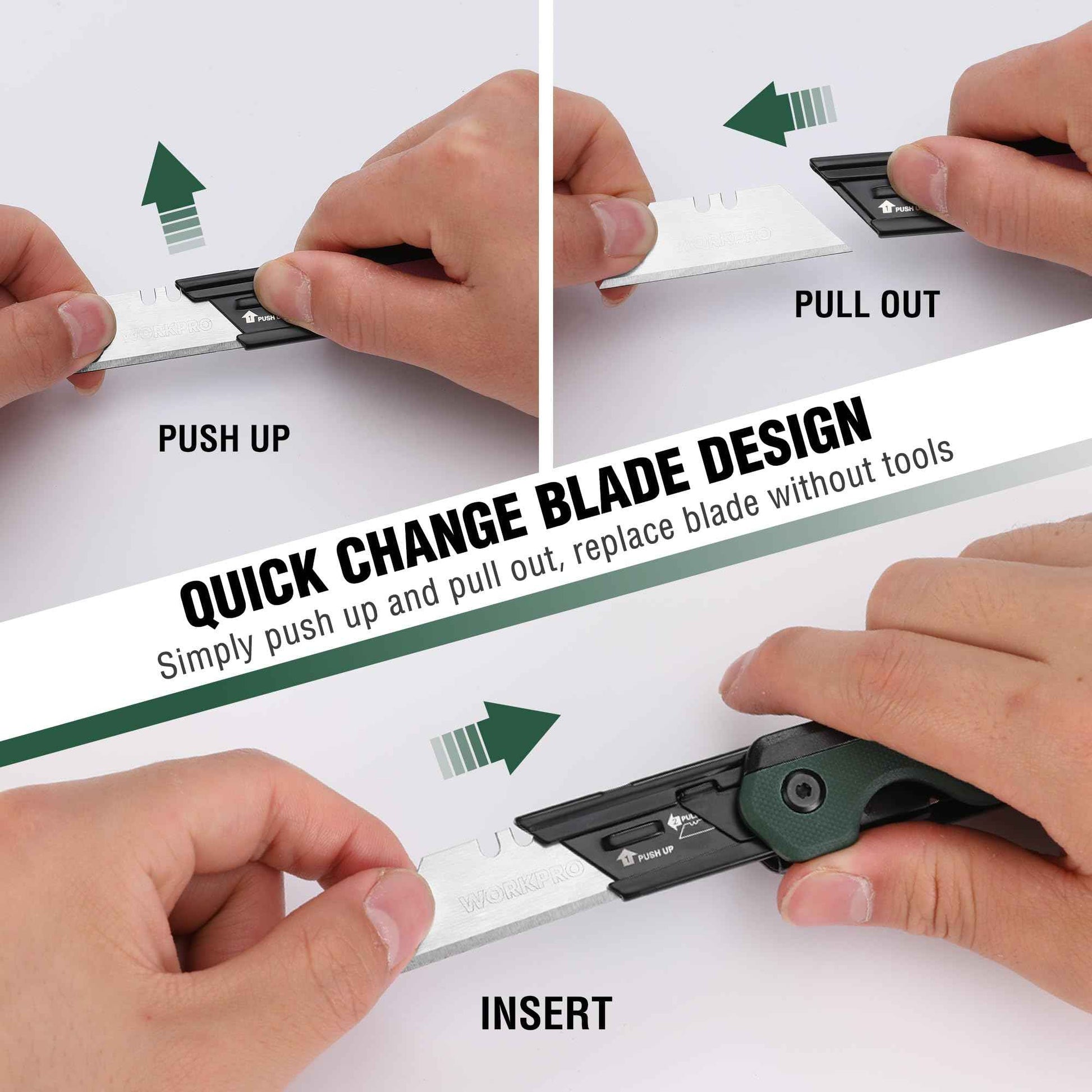 WORKPRO 2-in-1 Folding Knife/Utility Knife, Quick-Change Box Cutter with Belt Clip, Liner Lock, and G10 Handle, Extra 10 SK5 Blades Included, Green