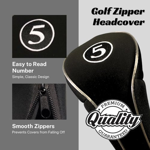 Black Golf Zipper Head Cover #5 Fairway Wood Metal Headcover Neoprene Traditional Plain Protective Cover Fits All Fairway Golf Clubs for Golfing Buddies