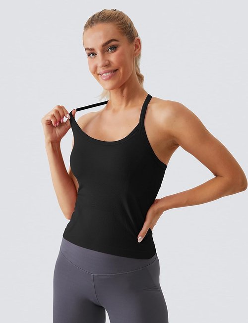 MathCat Workout Tank Tops - Sleeveless Yoga Tops with Built-In Bra | Seamless Racerback Design