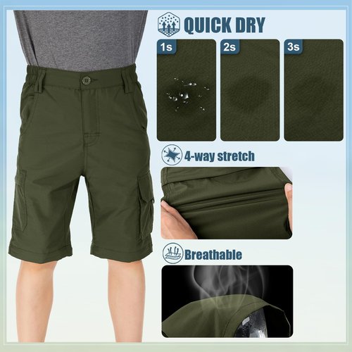 linlon Kids' Cargo Pants, Boy's Casual Outdoor Quick Dry Waterproof Hiking Climbing Convertible Trousers #9016-Army Green-XXL