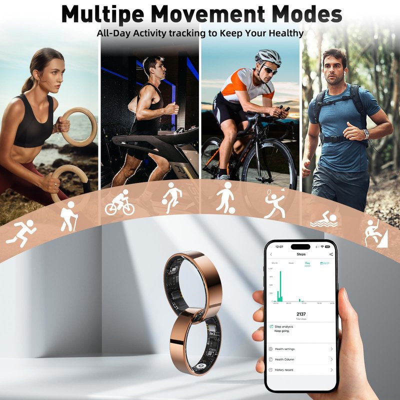 Smart Ring with Sleep Monitoring, Step Counting, Heart Rate, Blood Oxygen, Blood Pressure for iPhone and Android, No Subscription Fee, IP68 Waterproof Health Tracker (Black, 10)
