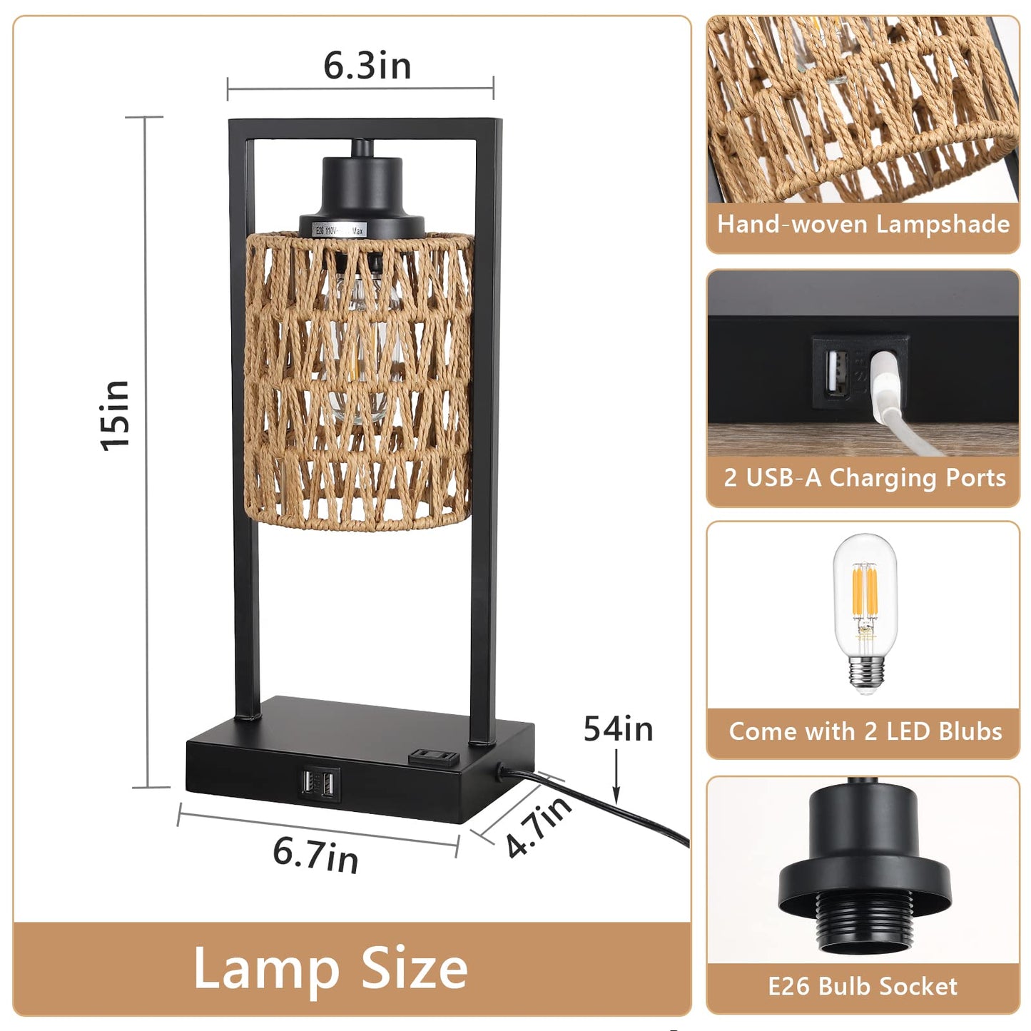 Stepeak Farmhouse Rattan Table Lamps Set of 2, Boho Touch Control Bedside Nightstand Lamp with 2 USB Ports&AC Outlet, Dimmable Desk Lamp for Bedroom Living Dining Room Credenza (LED Bulbs Included)