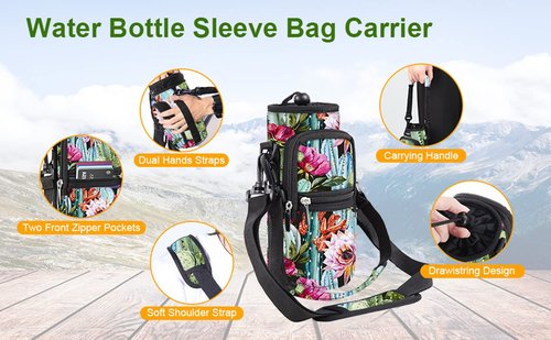WINTOJO Water Bottle Carrier Bag Holder 25oz 32oz 40oz 64oz Insulated Water Bottle Sling Sleeve Case Cover with Strap Pockets (cactus, 25oz)
