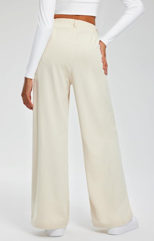 Libin Women's Wide Leg Pants - 29" High Waisted Waffle Knit Casual Trousers with Pockets | Beige, Medium