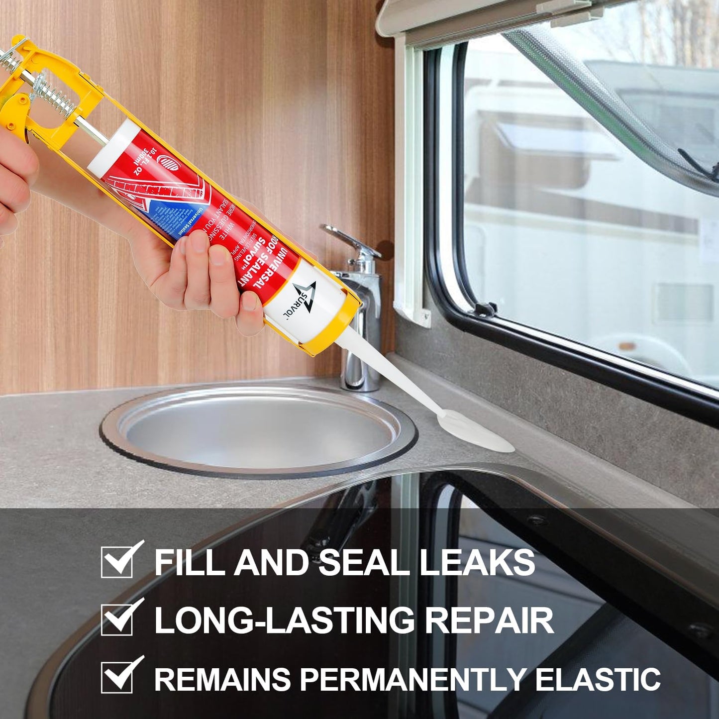 SURVOL RV Roof Sealant, Self-Leveling Lap Sealant - White, 2-Pack, Window, Skylight & Camper Repair, Vertical Surface Caulking