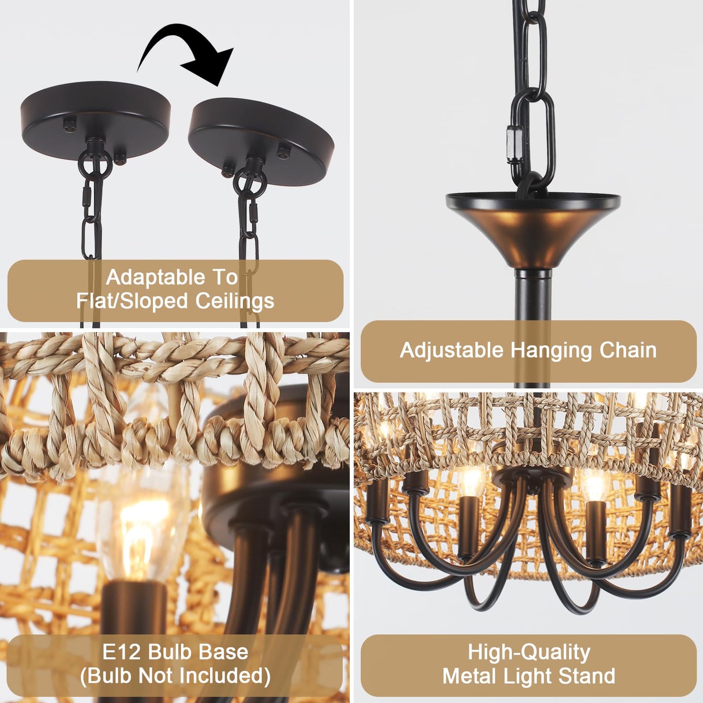 BYKWRTV 6-Light Rattan Chandelier Light Fixture, 18.11'' Wicker Chandelier Boho Kitchen Light Fixtures, Rattan Pendant Light Rustic Farmhouse Chandeliers for Dining Room Living Room Foyer