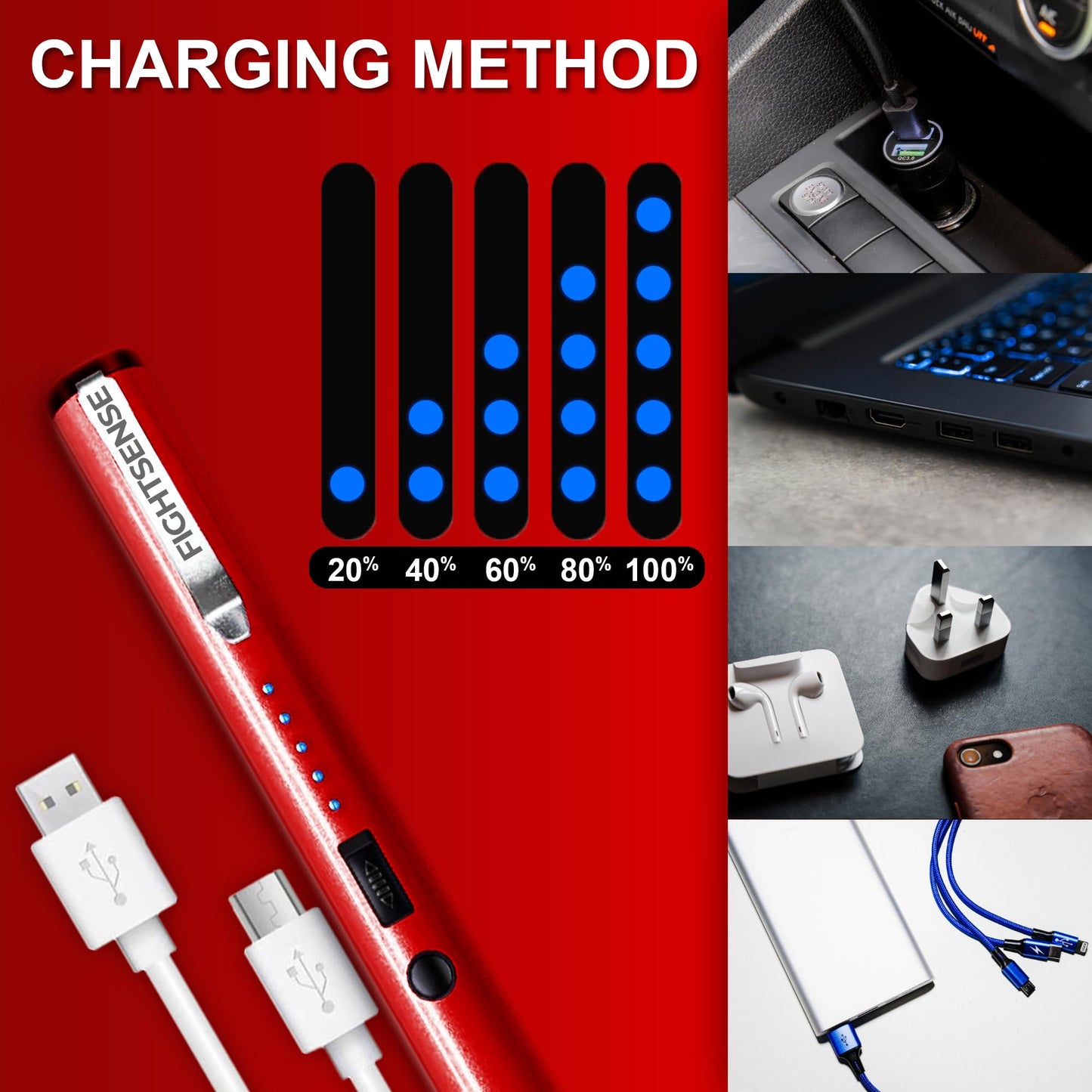 FIGHTSENSE Pen Stun Gun for Self Defense Battery Life Indicator, Belt Clip, Pen Flashlight stun Gun for Women self Defense (Red)