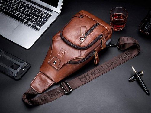 BULLCAPTAIN Genuine Leather Mens Sling Bag Multipurpose Travel Crossbody Chest Bag Daypacks with USB Charging Port (Brown)