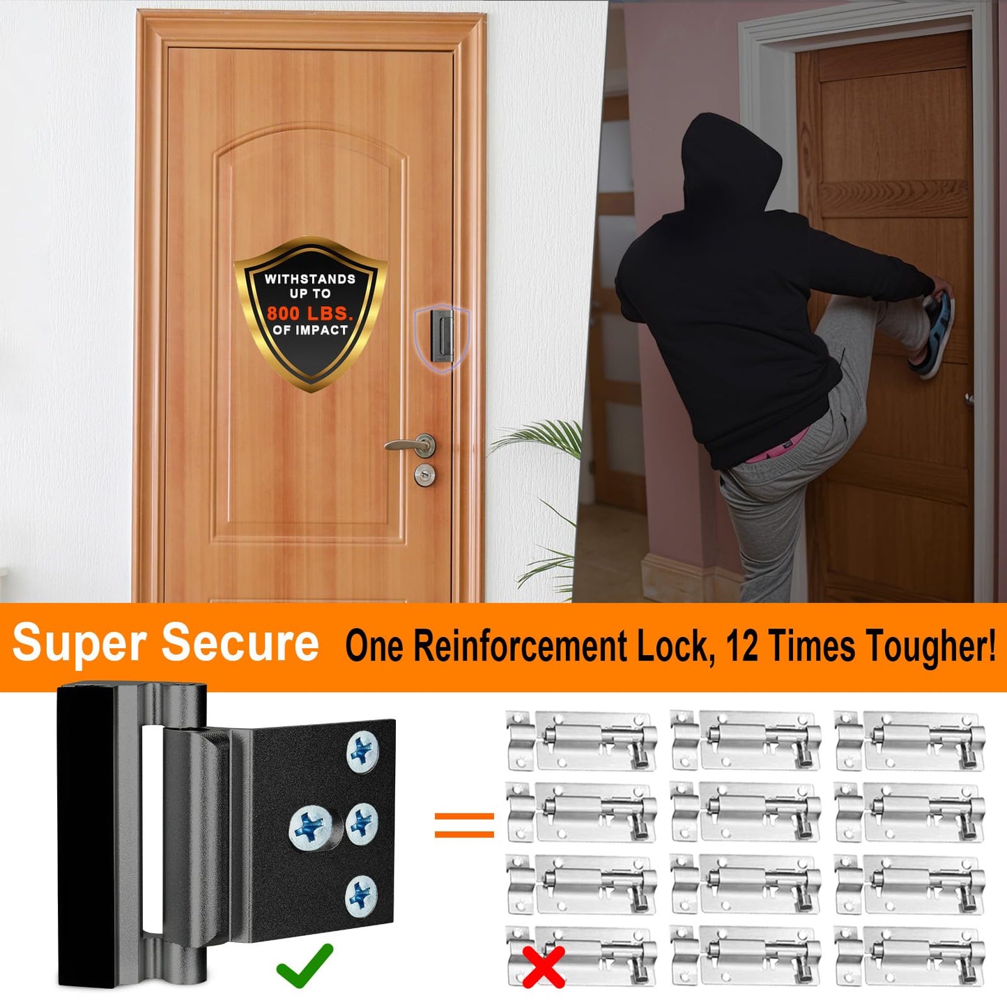 Home Security Door Reinforcement Lock, Upgraded Front Door Locks for Kids Safety Withstand 800 lbs, Child Proof Door Lock, Extra Door Lock from Inside Prevent Unauthorized Entry (2 Pack, Black)