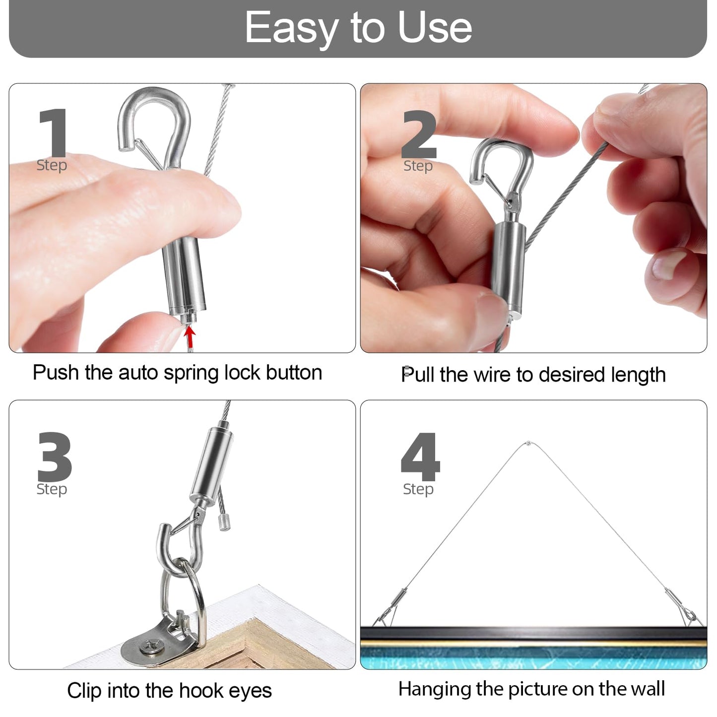 Adjustable Picture Hanging Wire, Upgrade Mirror Frame Hanging Kit, 6.6FT Heavy Duty Stainless Steel Wire Rope, Supports Up to 100lbs (Silver, 4PC-6.6FT)