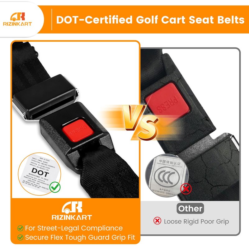 RIZINKART Universal Golf Cart Seat Belts Kit,Polyester Fabric Belt Adjustable & Lengthen Max Length 59",fit for EZGO, Club Car, Yamaha Golf cart. Easy to Install, Front and Rear Seat, 2 Sets