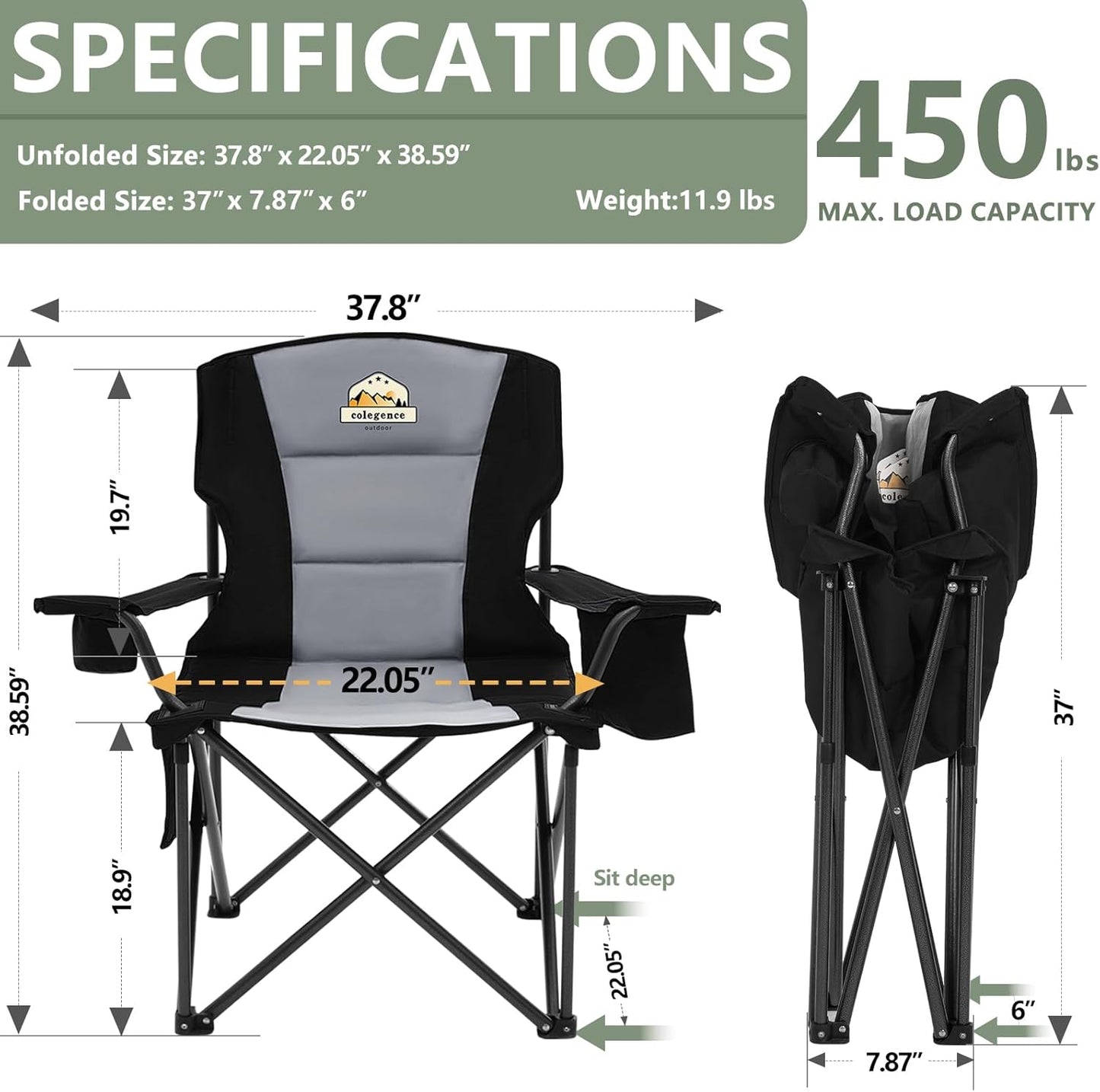 Skiennix Oversized Camping Chairs - Heavy Duty 450lbs Support | Portable Folding Camp Chairs - Black, 2 Pack