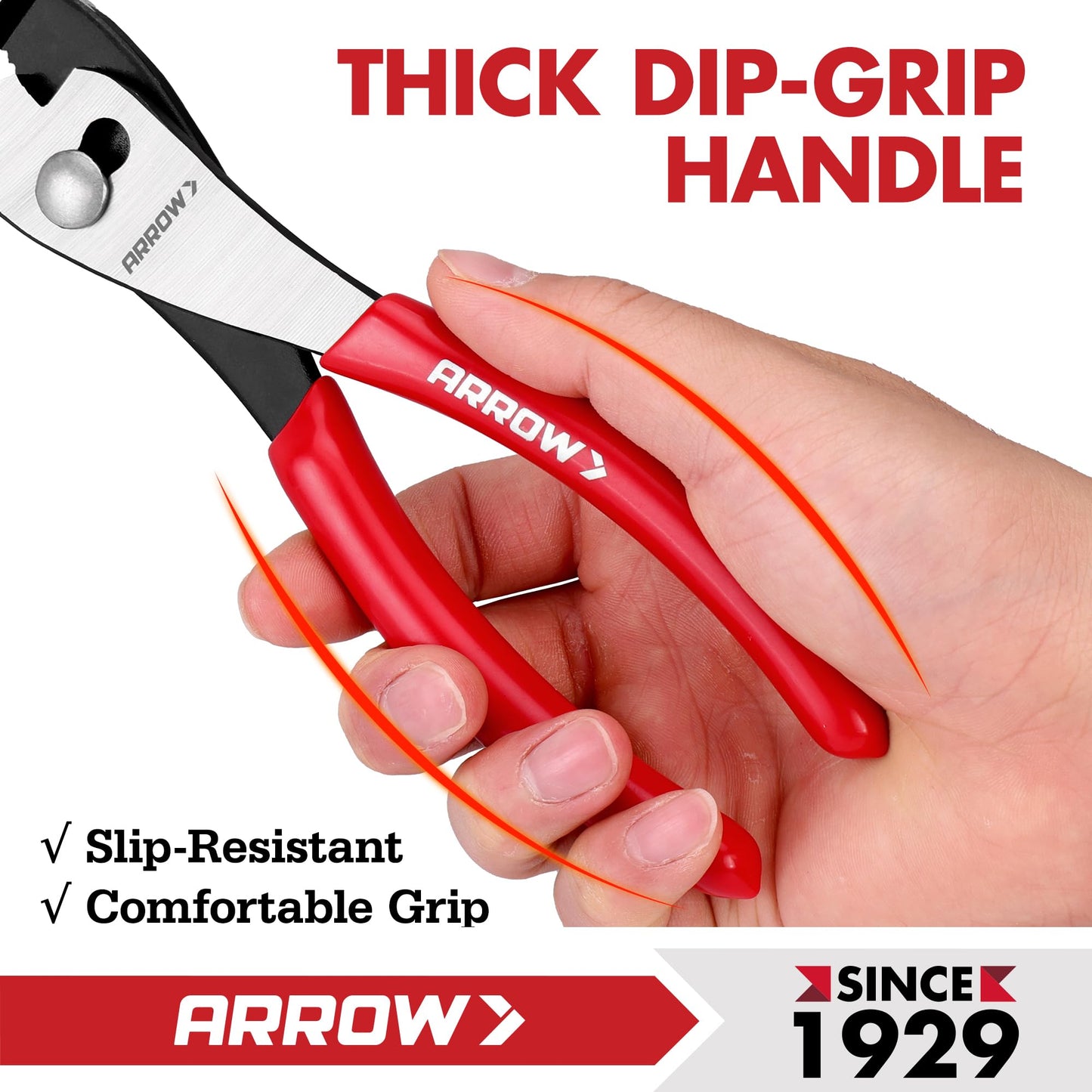ARROW 8" Slip Joint Pliers, Pliers Tool with Thick Dip-Grip Handle, Strong Grip Jaws, High Carbon Steel, Pliers for Gripping, Loosening Nuts and Bolts, Cutting Steel Wire