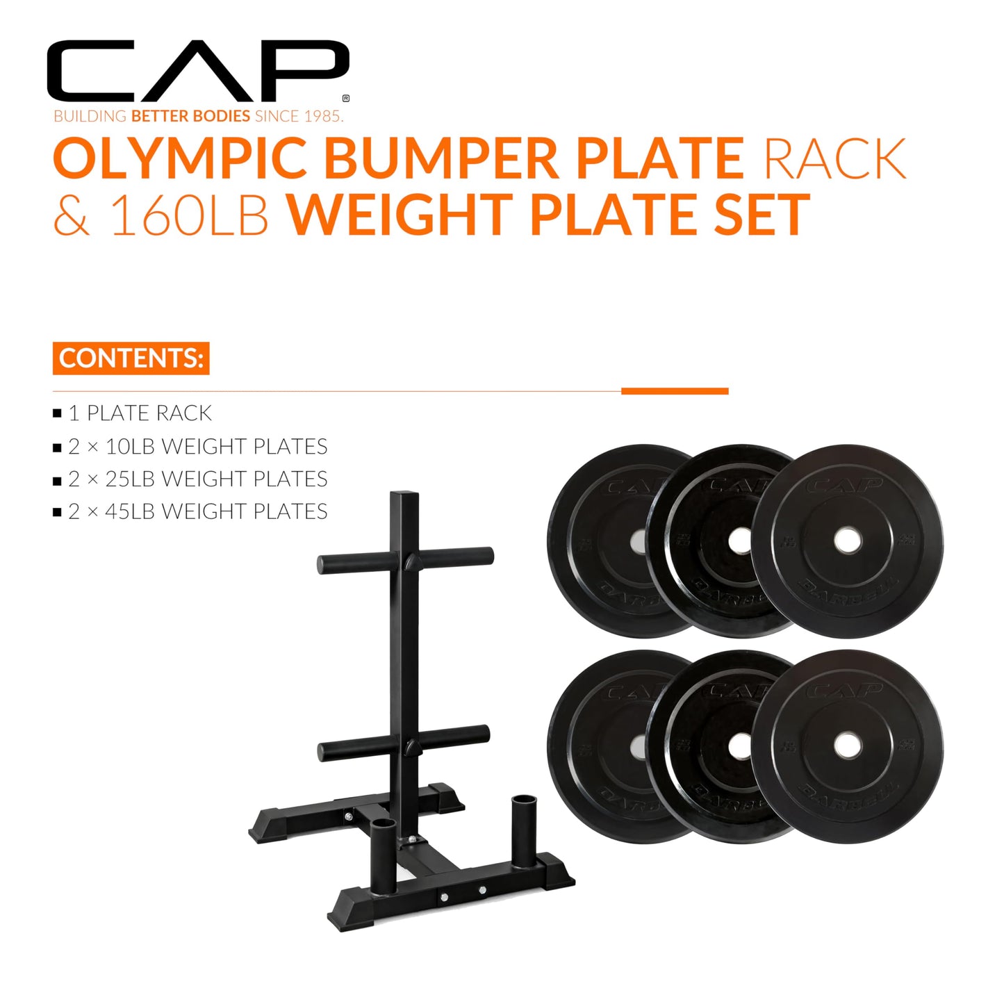 CAP 160lb Elite Olympic Bumper Plate Set with Compact Storage Rack