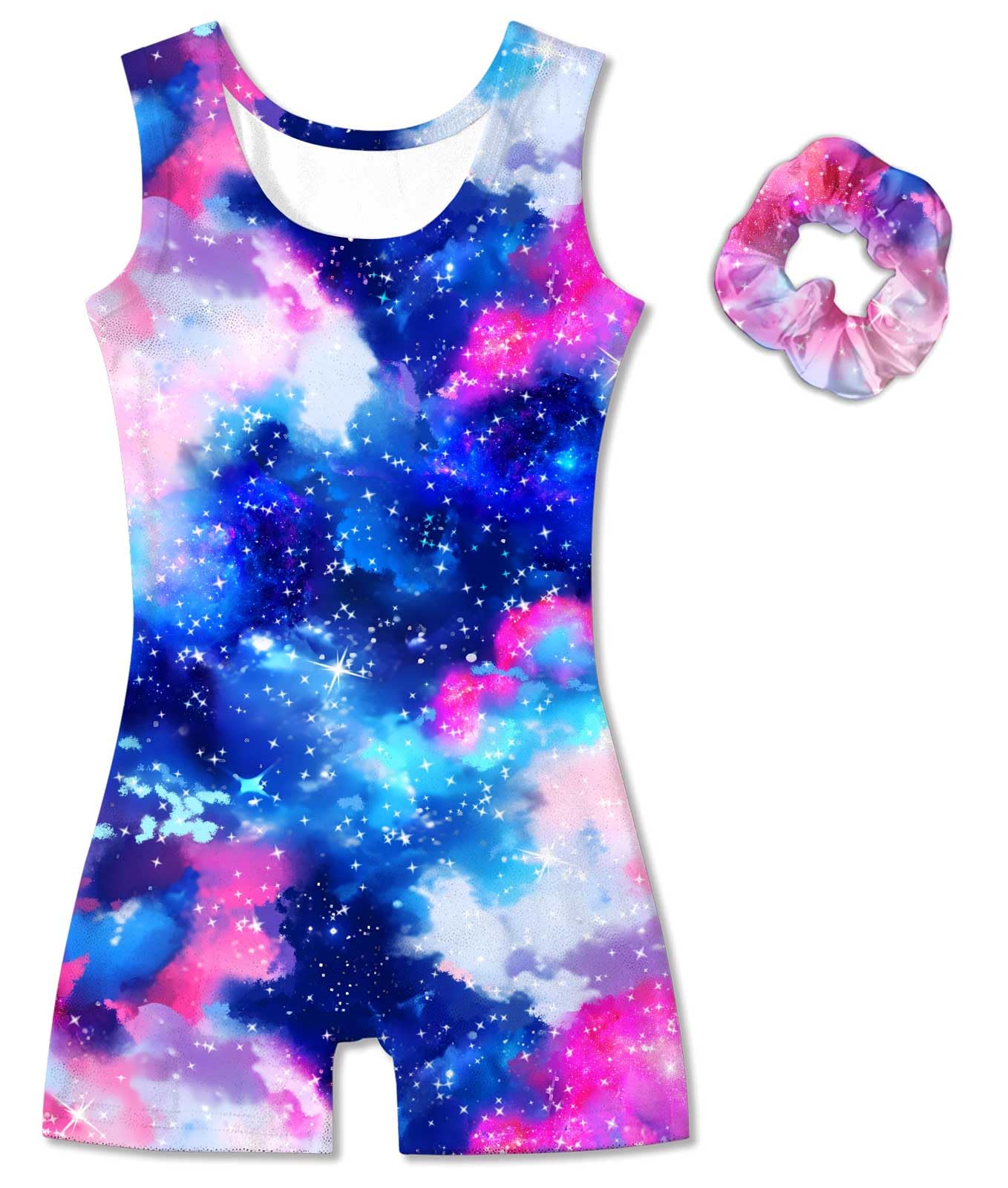 Vogseek Sparkly Gymnastics Leotards for Girls 5 6 Years Cute Galaxy Shiny Ballet Dance Unitards Biketards with Hair Scrunchie Kids Tumbling Shorts Activewear Clothes, Rainbow Stars