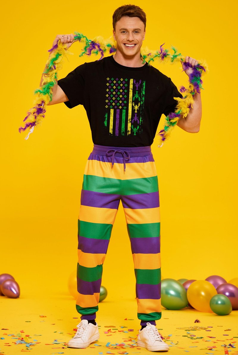 Arvilhill Men Mardi Gras Pants Funny Parade Purple Gold Green Party Sweatpants Fat Tuesday Casual Drawstring Joggers Striped XL