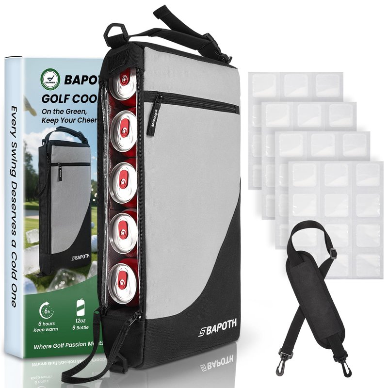 BAPOTH Golf Cooler Bag with 4 Ice Pack for 6 Hours, Large Capacity Golf Bag Cooler Hold 9-Can 12oz, 6-Can 16oz, 2 Bottle 750ml, Detachable Shoulder Strap for GolfCourse & Outdoor Parties