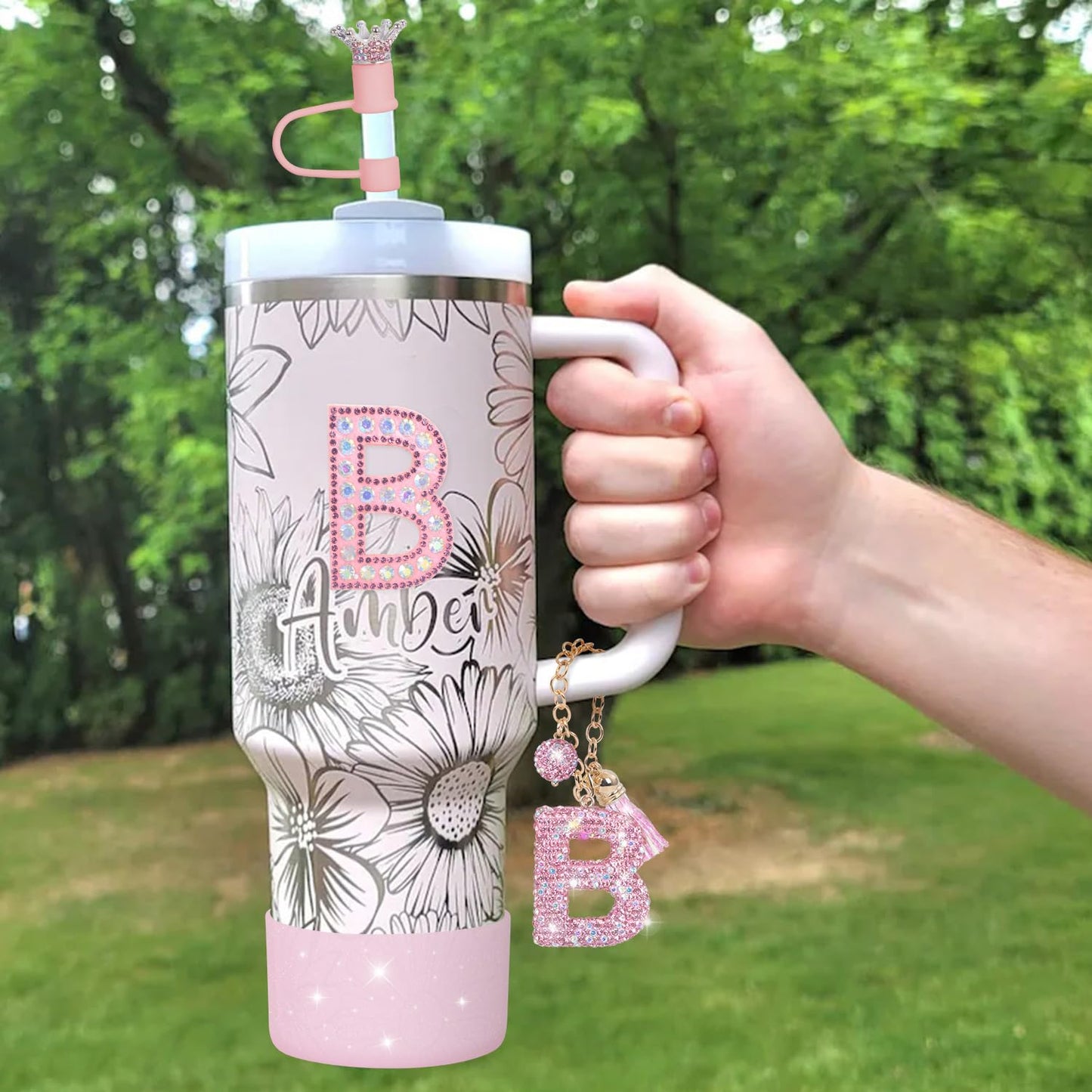 JUNIQUTE Pink Diamond Letter Charms Accessories For Handle Set,Bottom Protector for 40oz 30oz Stanley Cup Diamond Crown Straw Cover & Sticker (M)