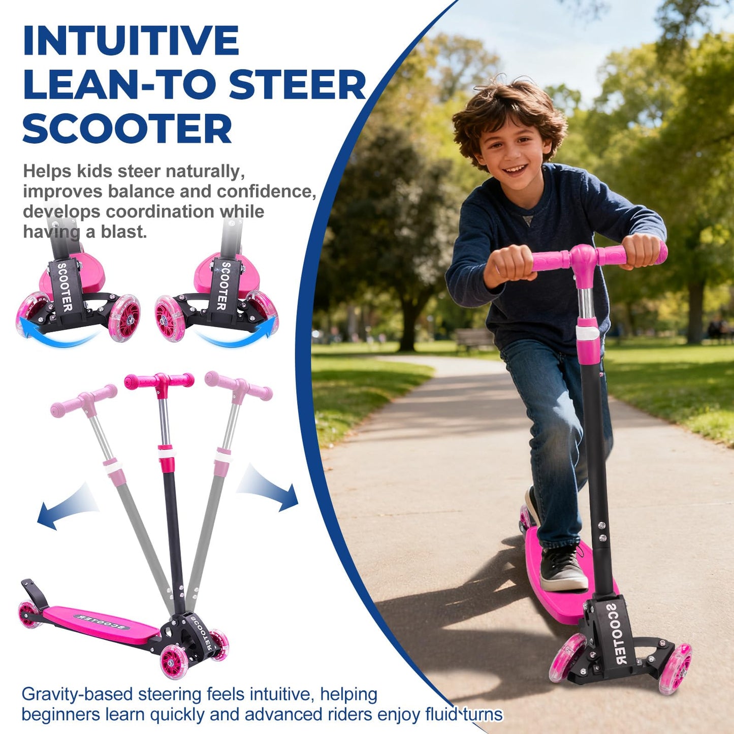 Scooter, Heavy-Duty 3-Wheel Scooter, 3-Speed Height Adjustable, LED Light-Up Wheels, Foldable - Kids Kick Scooter for 6-12 Year Old Boys Girls, 180 lbs Capacity for Birthday Christmas, Pink