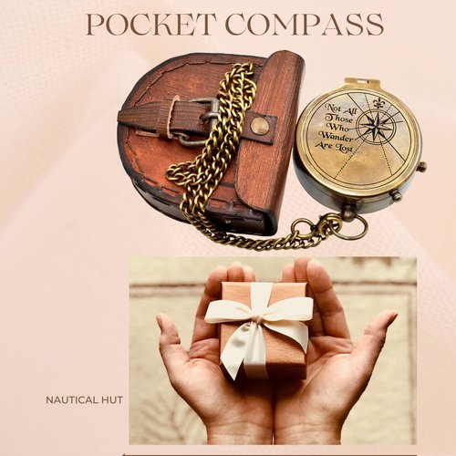 Engraved Brass Pocket Compass with Leather Case & Chain – “Not All Those Who Wander are Lost” – Vintage Navigation Compass Gift for Hiking, Graduation, Husband, or Son