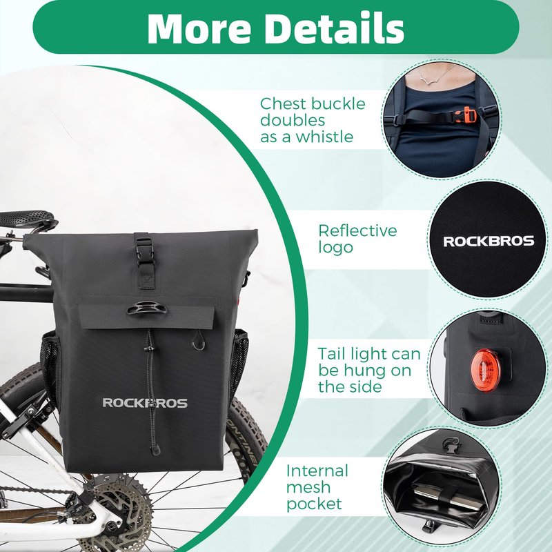 ROCKBROS Bike Panniers 18L Capacity Waterproof Bike Rack Bag Detachable Shoulder Straps with Helmet Fixing Buckle Rear Bike Rack Bag for Cycling Traveling Backpacking