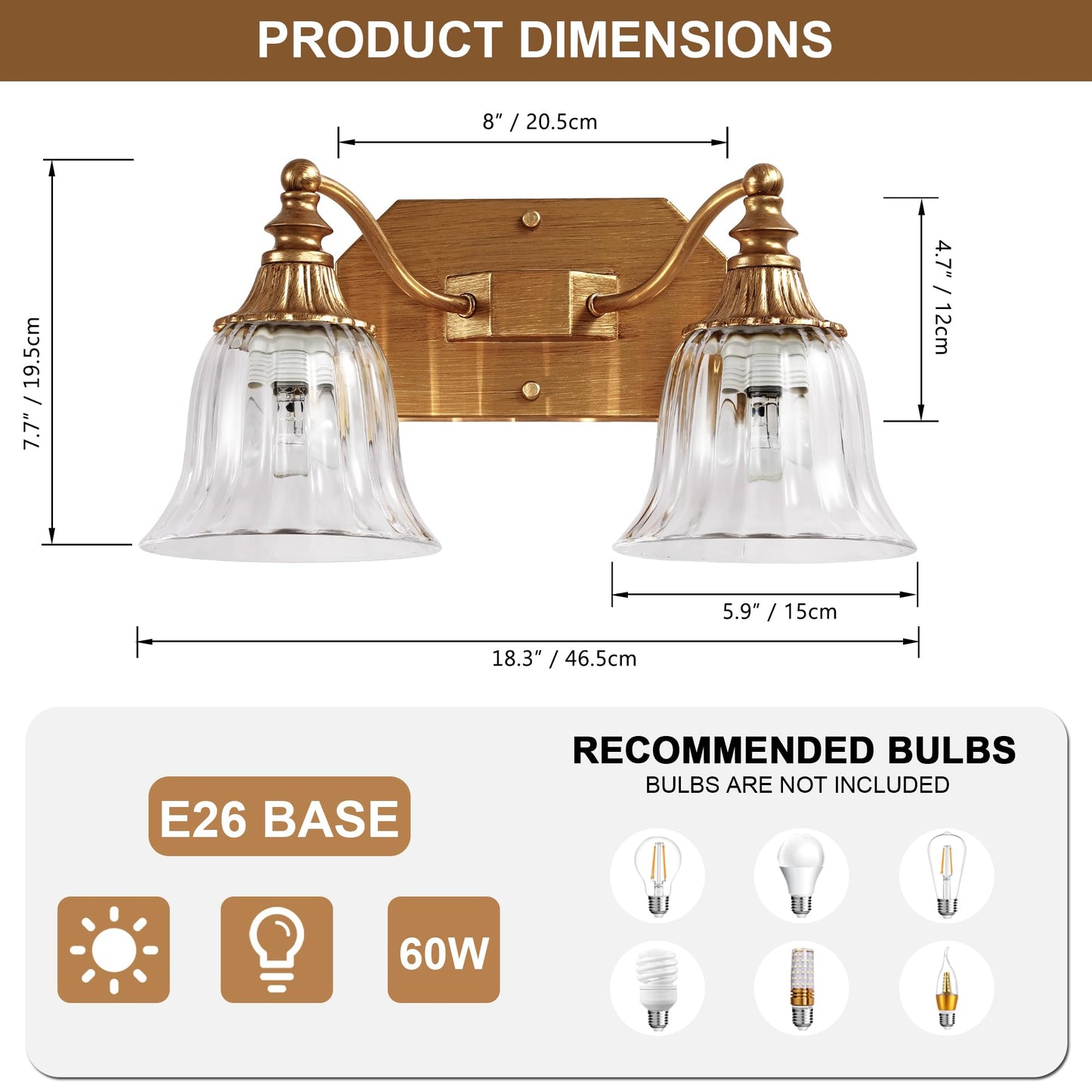 DvmTeom Gold Vintage Bathroom Light Fixtures, 2-Lights Bathroom Vanity Light, Antique Brushed Gold Lighting Fixtures Over Mirror with Crystal Glass Shade, Wall Sconce Lighting