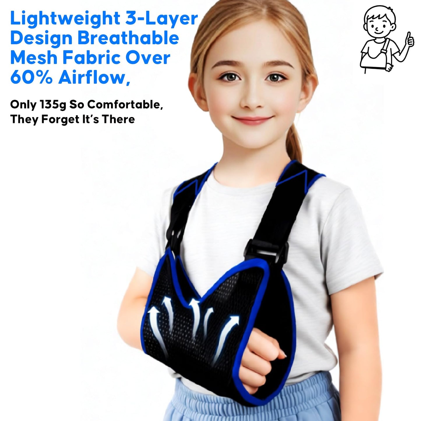 FELICITDR Child Arm Sling: Dual Steel Plate Support for Enhanced Stability & Safety, Breathable Mesh & Soft Sponge Lining, Skin-Friendly, Ergonomic Design for Kids, Prevents Circulation Issues
