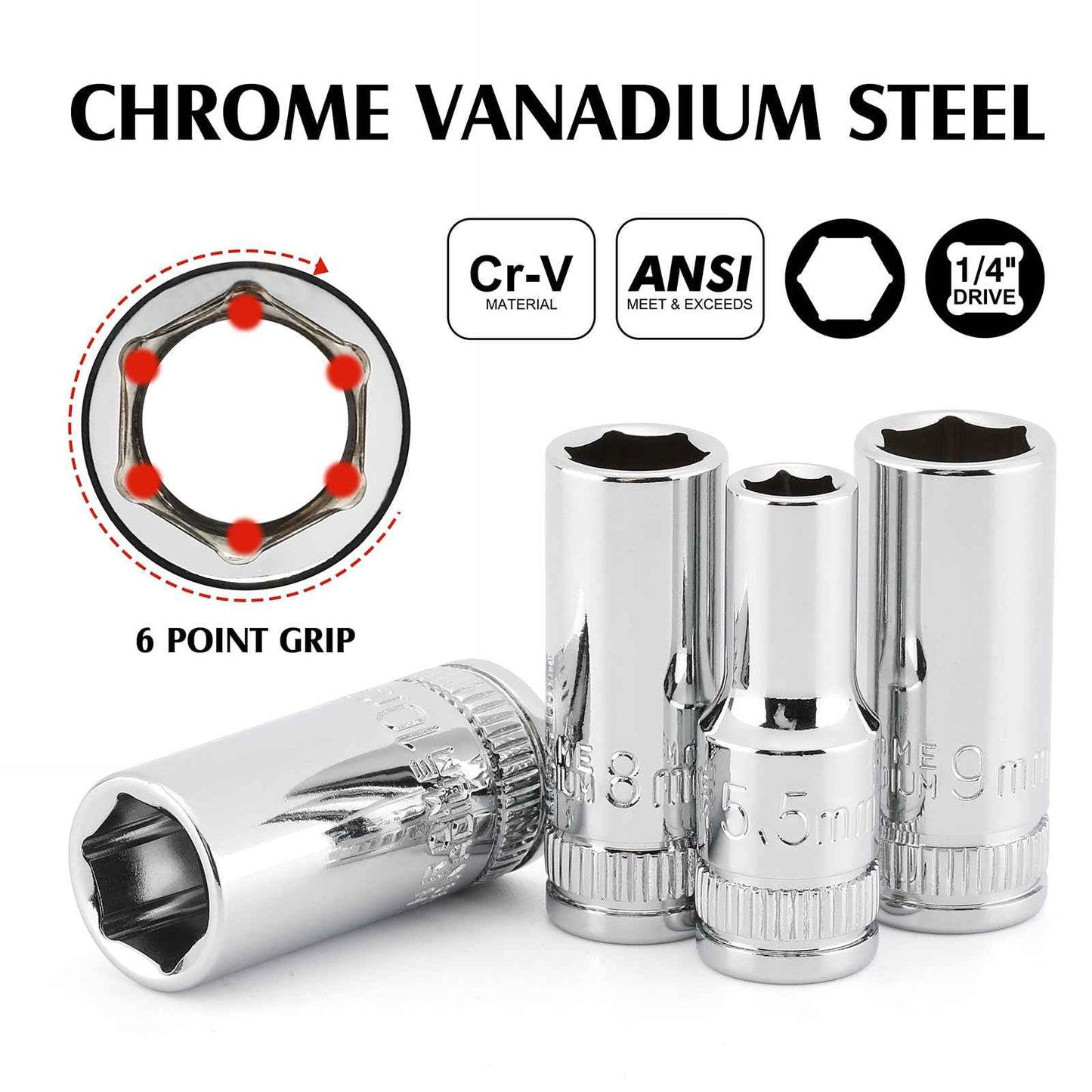 MIXPOWER 1/4" Drive Mid-Length Socket Set with Storage Rails, 13-Piece, 6 Point, 4-15mm, CR-V, Metric, Semi-Deep Socket Set