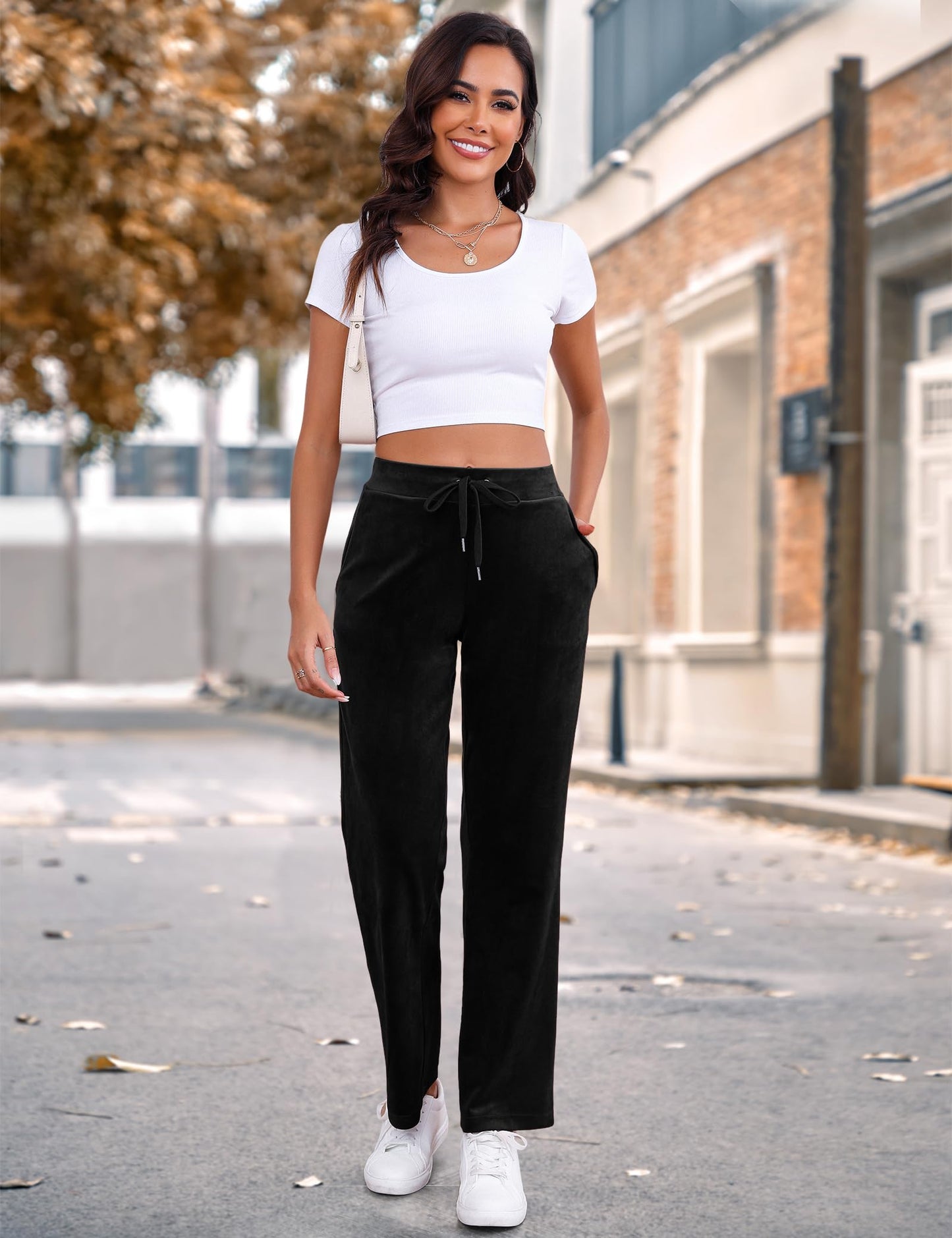 Pescool Velour Pants for Women, Straight Leg Womens Velour Sweatpants, Velvet Wide Leg Lounge Pants for Women with Pockets (Black, S)
