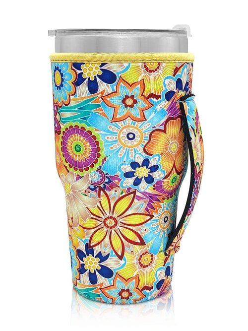 Reusable Iced Coffee Cup Sleeve Neoprene Insulated Sleeves Cup Holder with handle Idea for 30oz - 32oz Tumbler Cups, Protein Shake Bottles(Only Cup Sleeves)(Bright Floral)