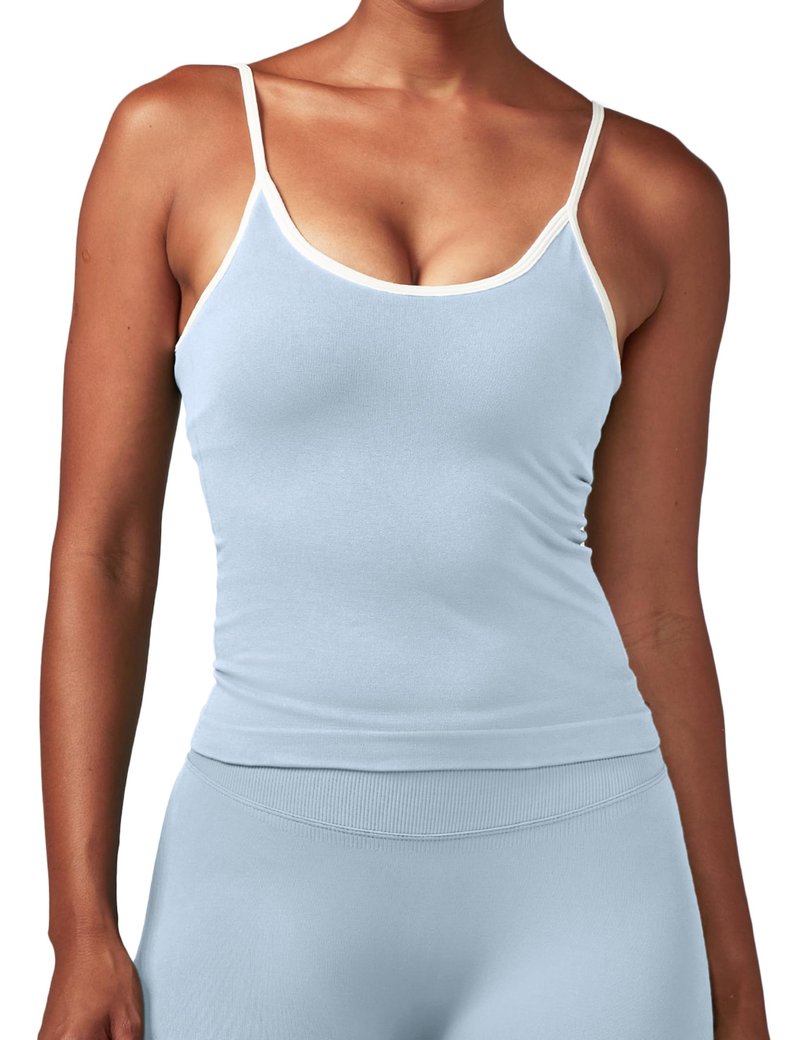 Ouber Women's Strappy Gym Tank Top with Padded Longline Sports Bra – Seamless Bodybuilding Fitness Top Baby Blue，L