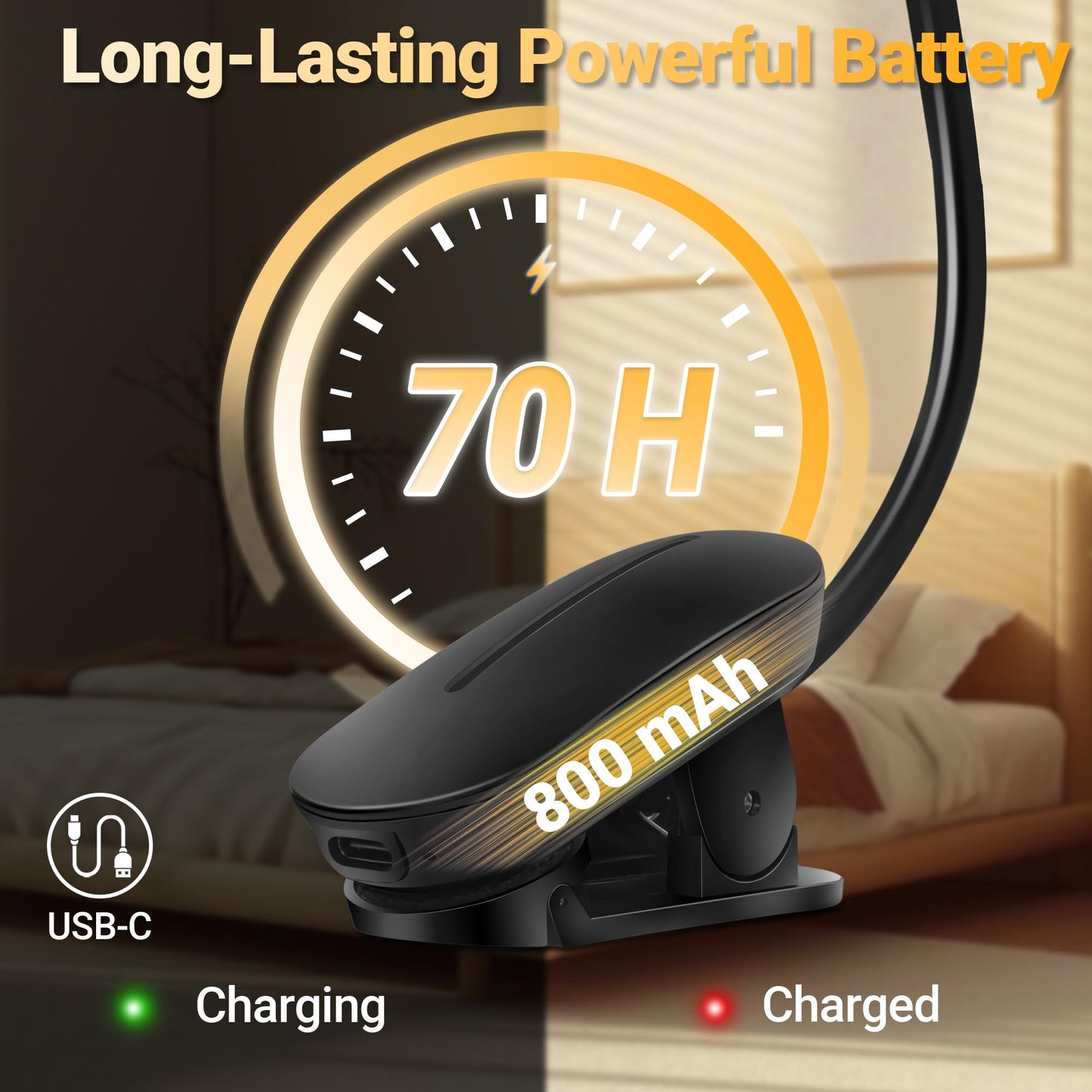 Book Light for Reading at Night - 3 Color Modes & 70 Hours Runtime Reading light for books in bed, Rechargeable LED Book Light Clip On with Flexible Neck, Eye-Care, Gift for Book Lovers, Matte Black