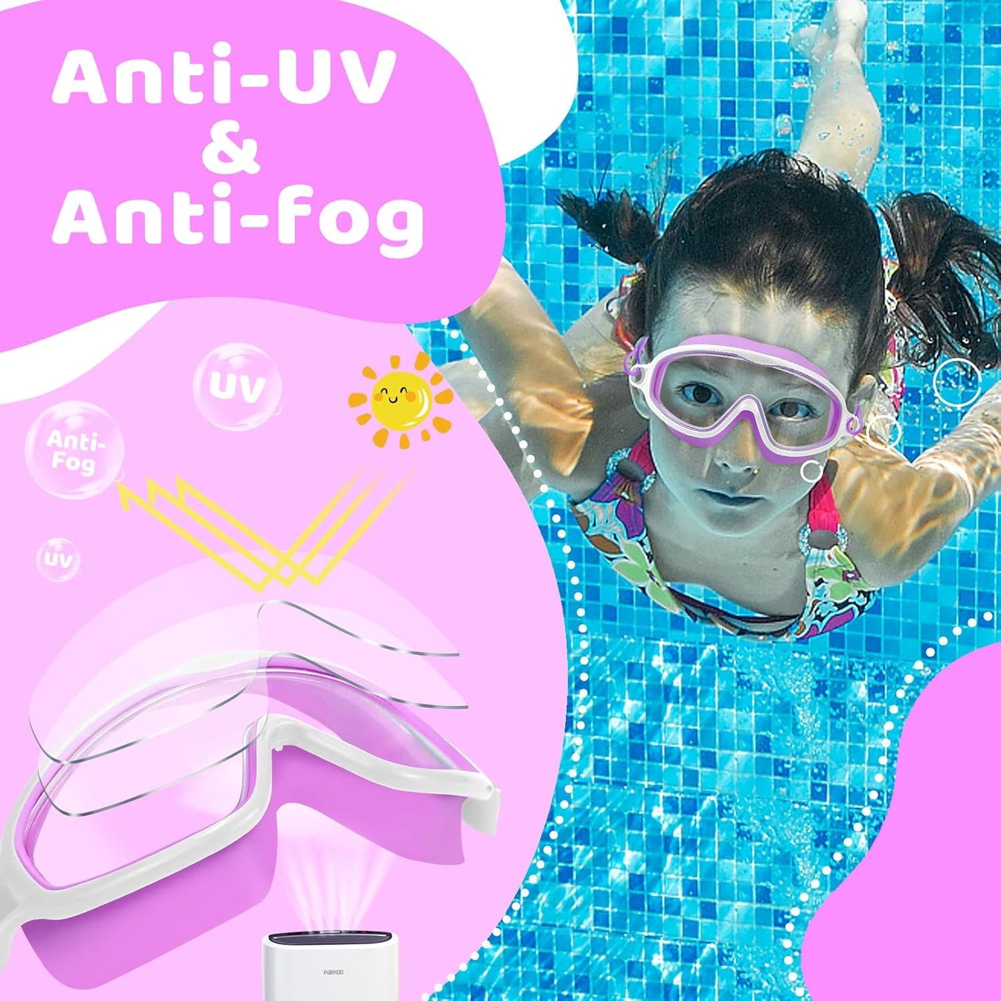 Vvinca Kids Swim Goggles - Wide View Anti-Fog UV Protection | Adjustable Bungee Strap for Ages 3-14