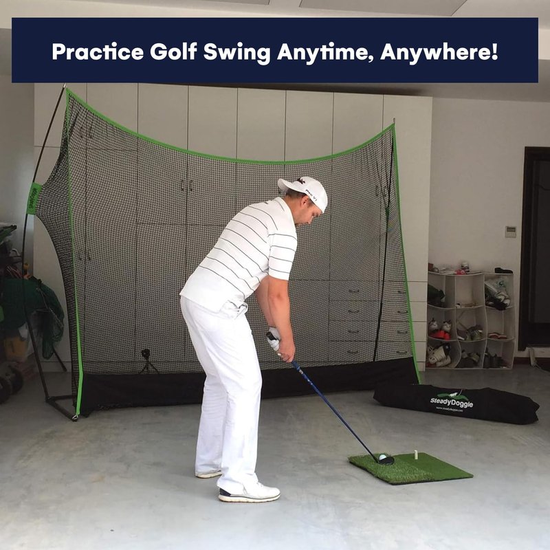 SteadyDoggie for Backyard Driving, Golf Practice Net, Dual-Turf Golf Mat, Chipping Target & Carry Bag