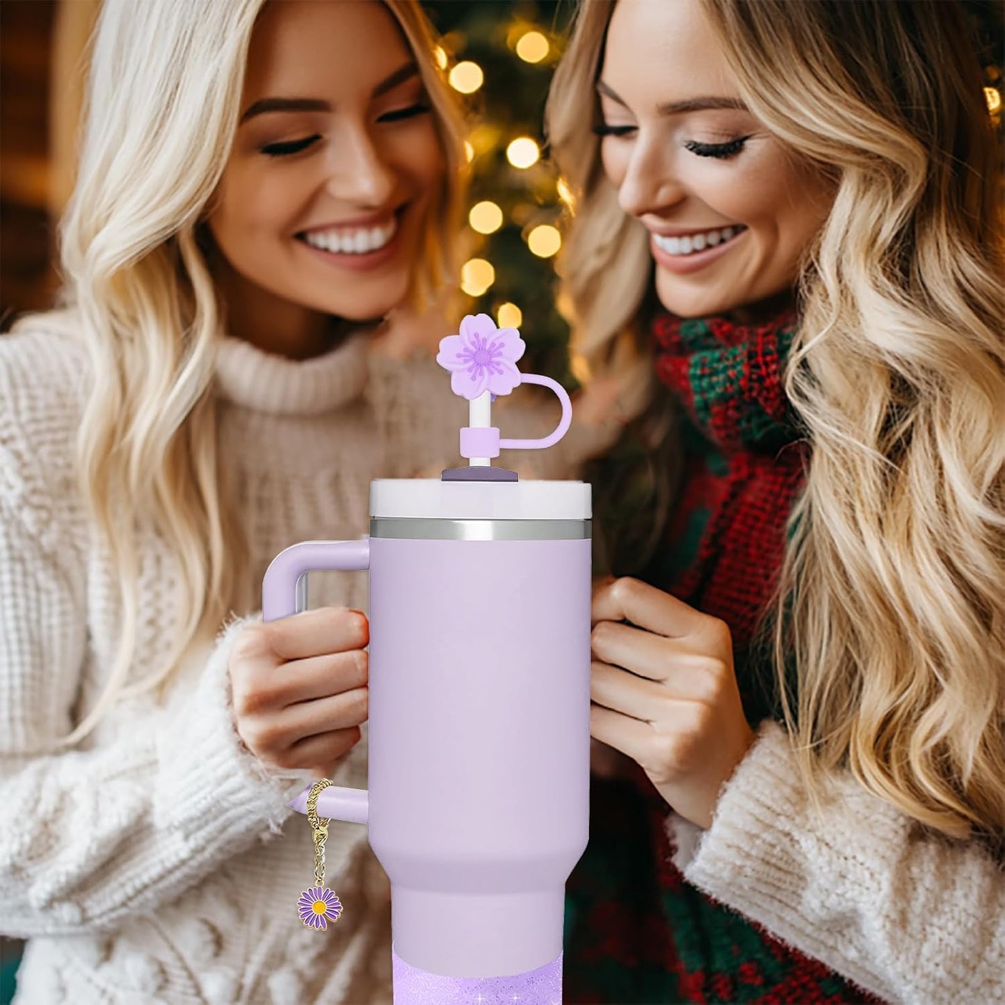 Stanley Cup Accessories Set - 2 Straw Covers, 1 Spill-Proof Stopper & 1 Flower Handle Charm | Fits 30 & 40 Oz Tumblers (Purple)
