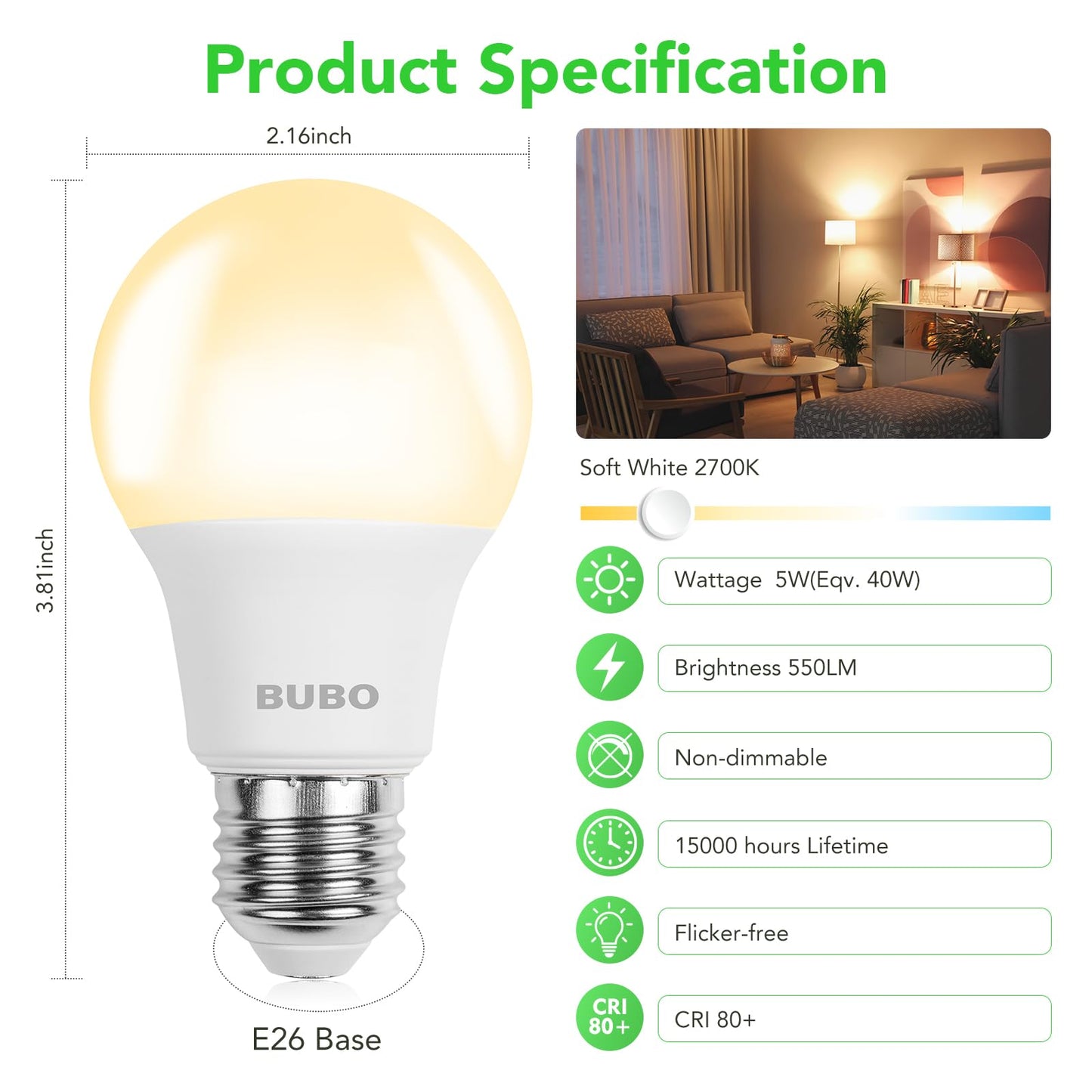 BUBO A19 LED Light Bulbs, 40 Watt Equivalent LED Bulbs, Soft White 2700K, 550 Lumens, E26 Standard Base, Non-Dimmable, 5W Soft White LED Bulbs for Bedroom Living Room Home Office, 3 Pack