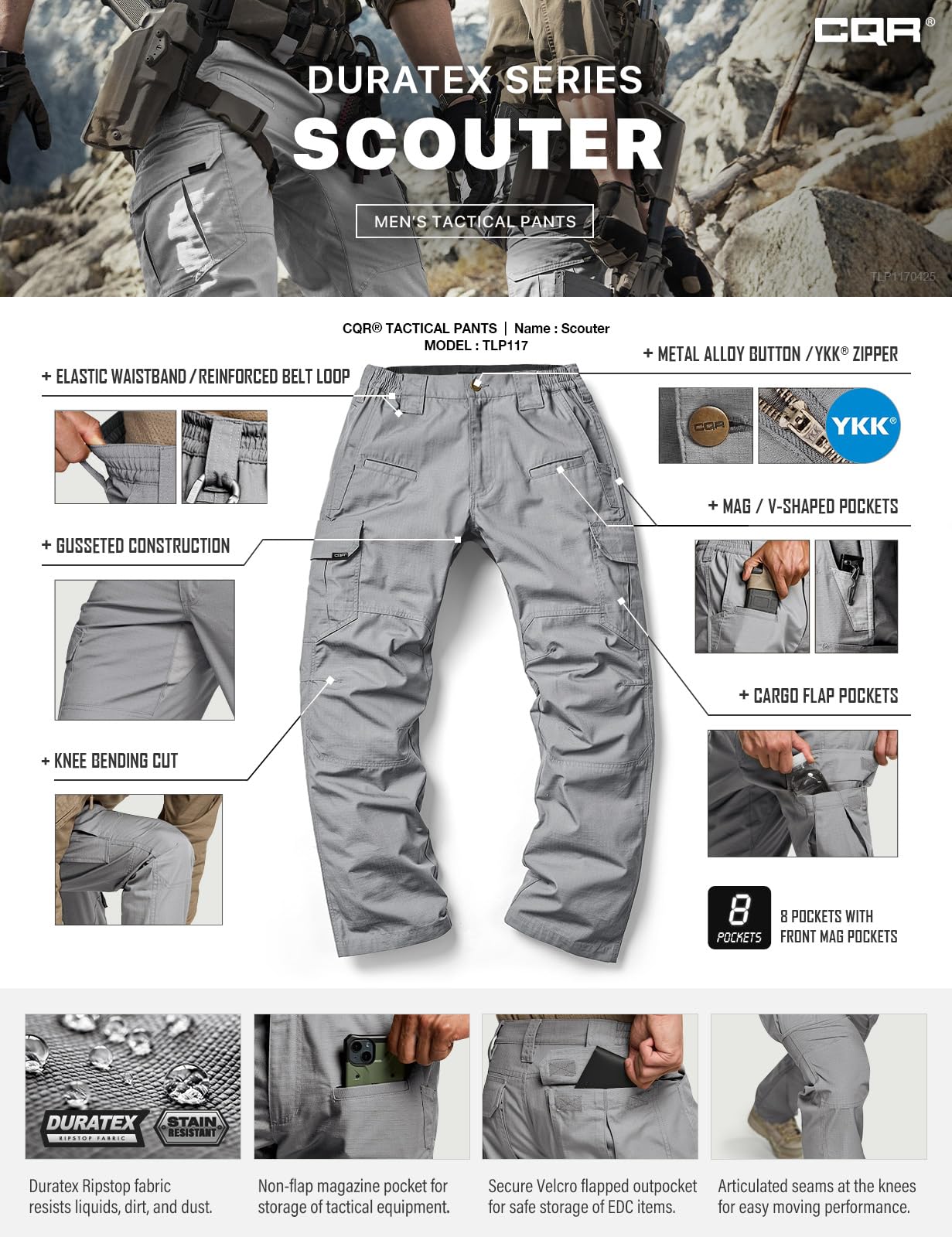 CQR Men's Tactical Pants, Water Resistant Ripstop Cargo Pants, Lightweight EDC Work Hiking Pants, Outdoor Apparel, Raider Stone, 42W x 30L