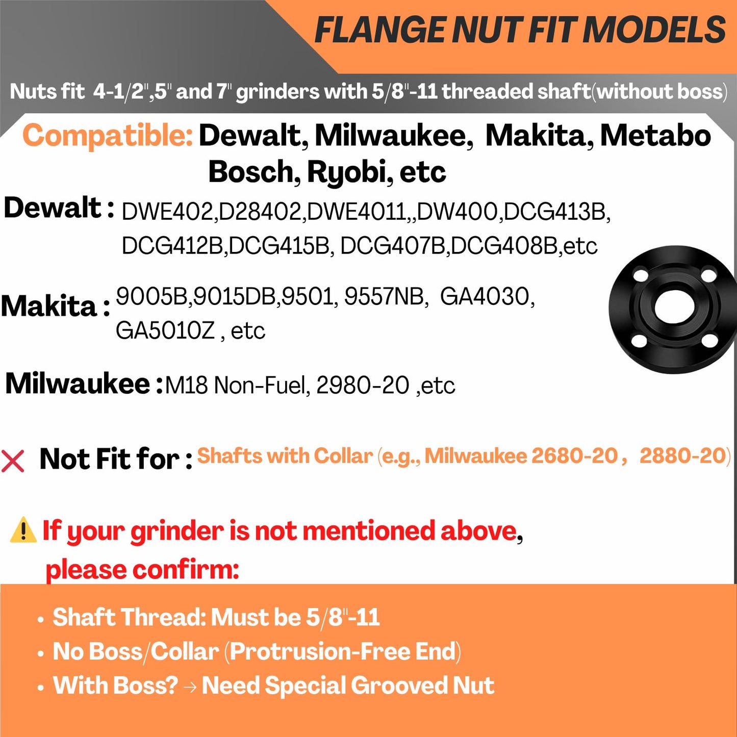 HOBEREROK Angle Grinder Wrench Adjustable and Nut Kit (5PCS) – 5/8-11 Lock Nut Fits Dewalt, Milwaukee, Makita, Ryobi, Bosch 4.5"/5"/7" Grinders for Quick Nut Removal & Disc/Wheel Replacement